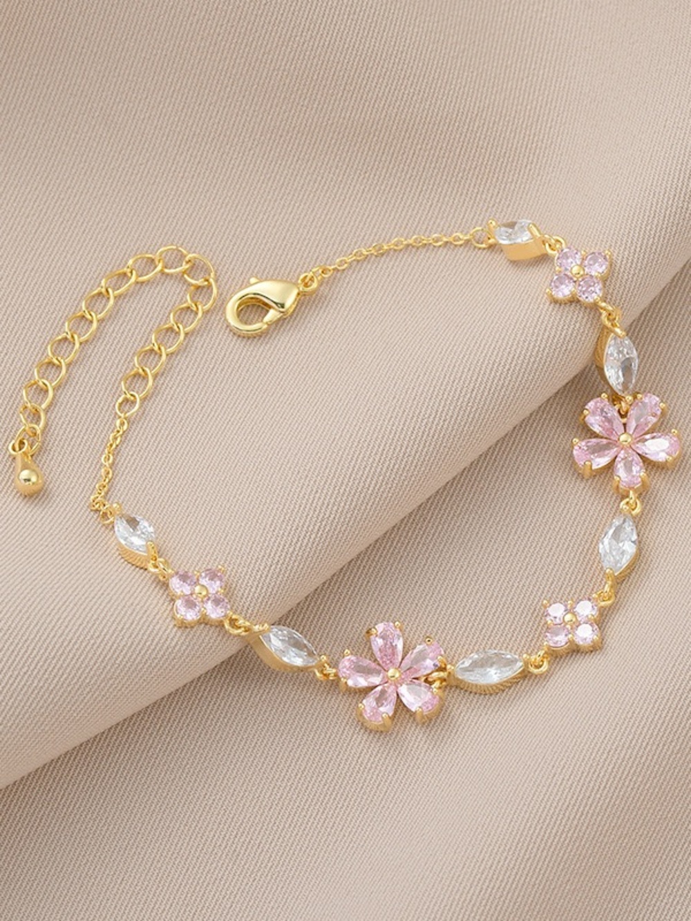 Gold-Plated Pink Crystal Floral Bracelet